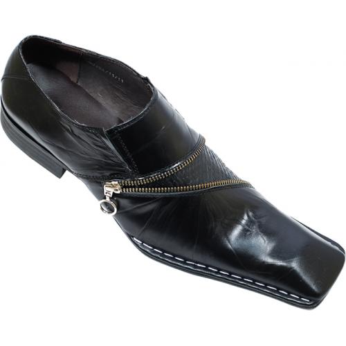 Zota Black With Wrinkle Leather Unique Zipper And White Stitching Square Toe Leather Shoes G8018A -11